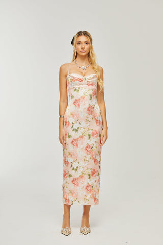 Yvette pink floral-print satin maxi dress