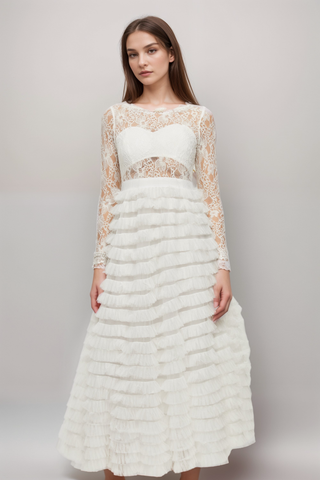 Philippine lace layered high-waisted midi dress