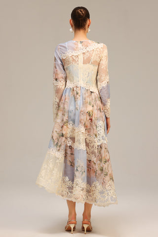 kristin Long Sleeves Floral Printed Asymmetric Lace Maxi Dress