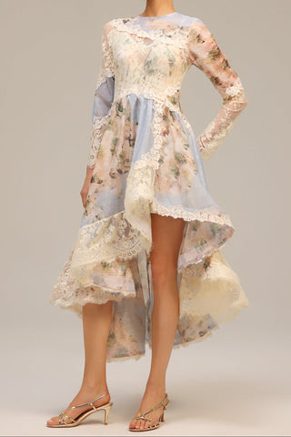 kristin Long Sleeves Floral Printed Asymmetric Lace Maxi Dress
