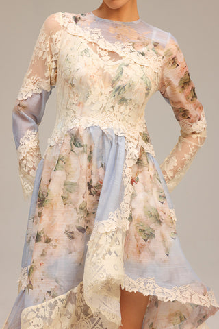 kristin Long Sleeves Floral Printed Asymmetric Lace Maxi Dress