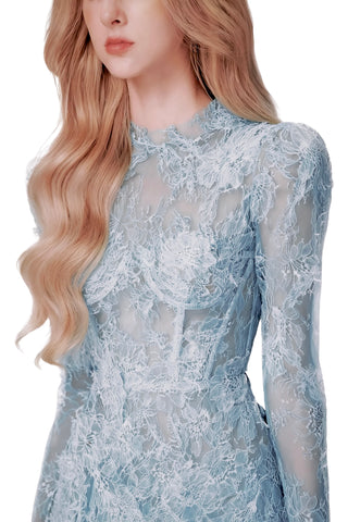 FLORAL AND RAMAGE EMBROIDERY MIDI DRESS IN BLUE