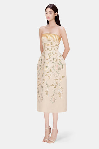 EMBROIDERED PRINTED MIDI DRESS IN BEIGE