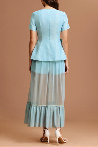 ursula blue Short Sleeves Flowers Folds Top And Skirt Two-Piece Set