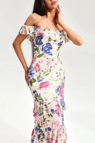 FLORAL TIERED RUFFLE HEM FISHTAIL MAXI DRESS