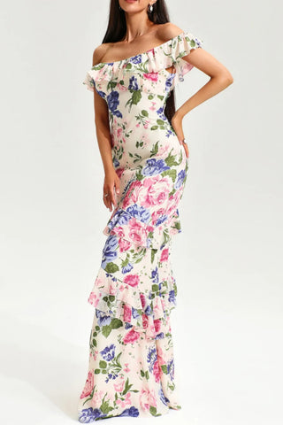 FLORAL TIERED RUFFLE HEM FISHTAIL MAXI DRESS