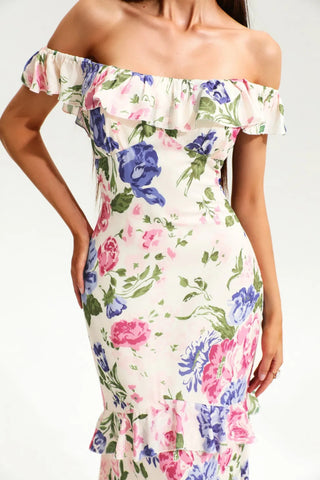 FLORAL TIERED RUFFLE HEM FISHTAIL MAXI DRESS