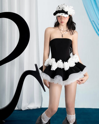 erica Floral patchwork strapless top skirt set in black