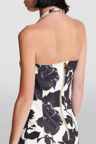 TABITHA TWO-TONE FLORAL-PRINT LEATHER MINI DRESS