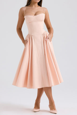 PEACH PARFAIT TWILL CORSET MIDI DRESS