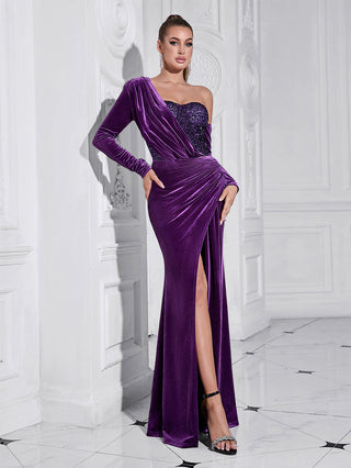 one shoulder sequin-embellished velvet maxi dress in purple