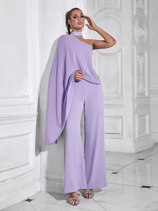 halter shawl jumpsuit in purple