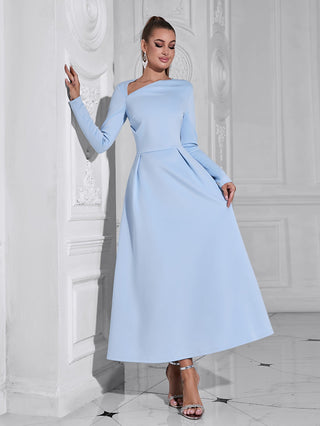 long sleeve satin a-line maxi dress in blue