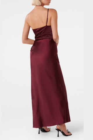 bordeaux one shoulder satin maxi dress