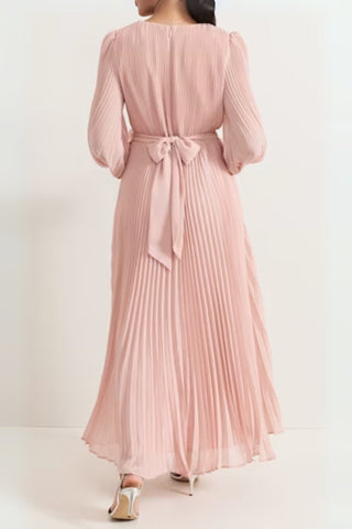 lantern sleeve pleated maxi dress in pale pink