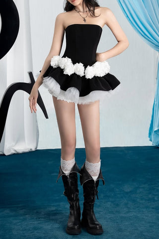 erica Floral patchwork strapless top skirt set in black