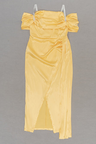 Satin drape high split midi dresses in yellow