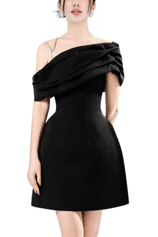 ASYMMETRIC NECK TAFFETA MINI DRESS IN BLACK