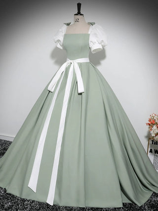 A-Line Puff Sleeves Satin Green Dress