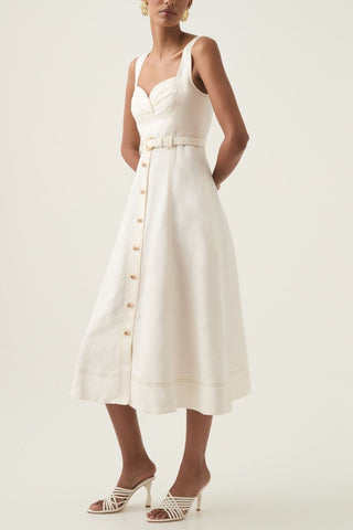 sweetheart neckline belted midi dress in ivory