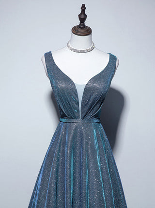 A-Line V Neck Satin Blue Dress