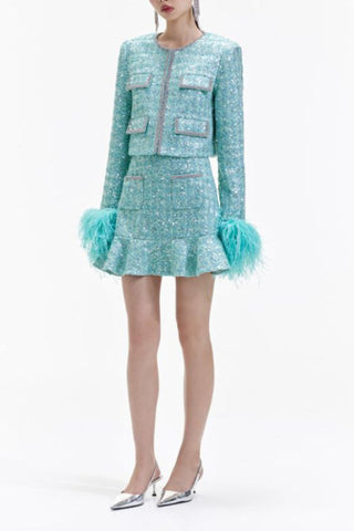 STEPHANIE BOUCLE FEATHER JACKET SUIT IN GREEN