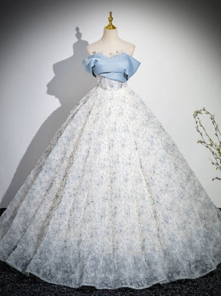 A-Line Off Shoulder Tulle Lace Blue Dress