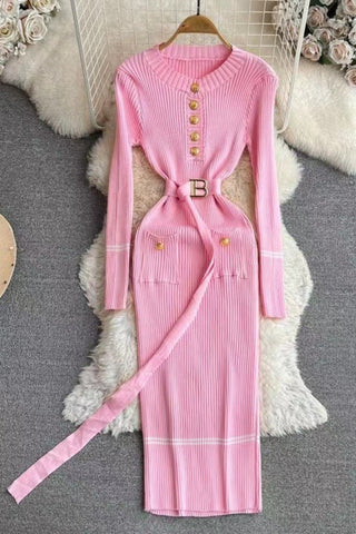 Metal Button Jersey Long Sleeve Midi Dress Pink