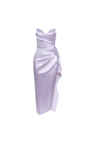 Strapless ruffle midi dress in purple