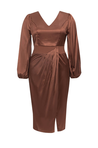 Satin puff sleeve maxi dress in bronze