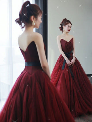 A line burgundy tulle dress