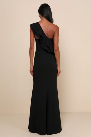 Black Ruffled One-Shoulder Maxi Dress