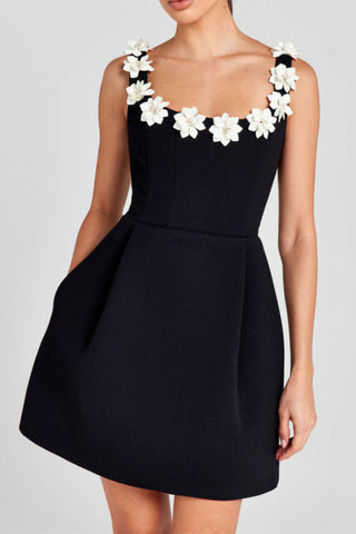 ZENOBIA FLOWER EMBELLISHED BLACK MINI DRESS