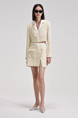 YELLOW COLOR LIGHT THIN TWEED SHORT COAT & SKIRT