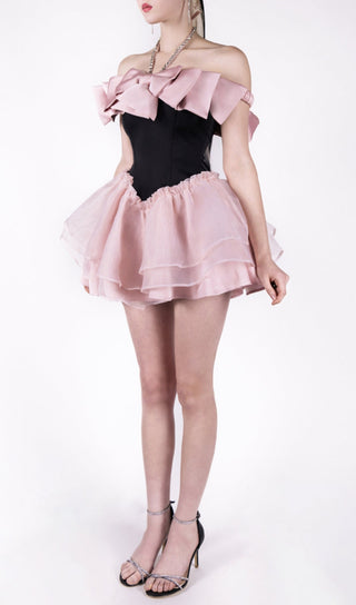 BLACK-PINK BOW RHINESTONE FLARE DRESS