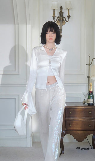 White Satin Ruffle Sleeve Cinched Waist Shirt