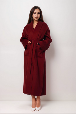 Luxurious Deep Red Belted Wool Coat with Oversized Fit