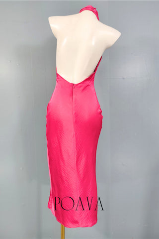 Hot Pink Satin Halter Midi Dress