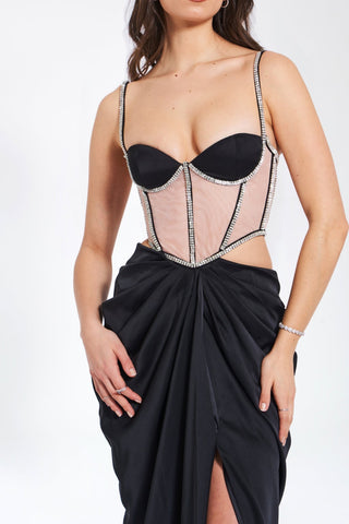 Black Satin Crystal Embellished Corset Dress