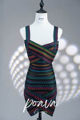 Metallic Rainbow Houndstooth Bandage Dress