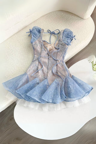 Lace embroidery puffy mini dress in blue