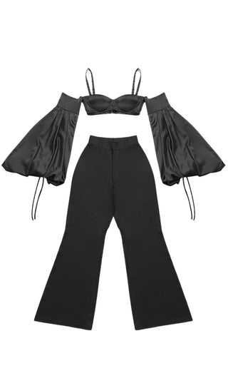 BUBBLE SLEEVE TWO PIECE SUIT IN BLACK