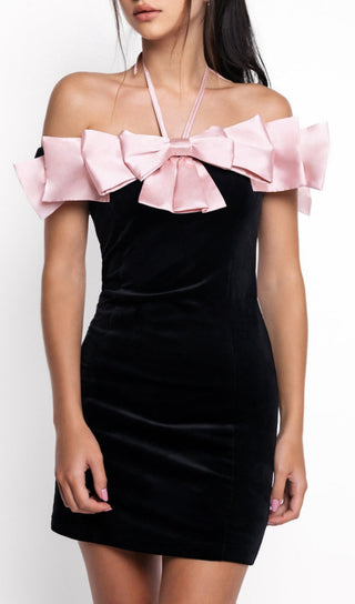 BLACK-PINK BOW BODYCON MINI DRESS