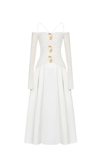 white A-line Cold Shoulder Sleeved Spandex Taffeta Maxi Dress