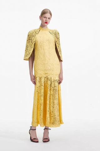 Ursula yellow cape-design chantilly-lace maxi dress