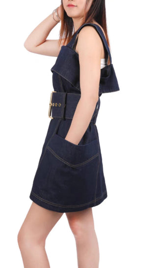 RUFFLED DENIM SUSPENDER DRESS IN BLUE