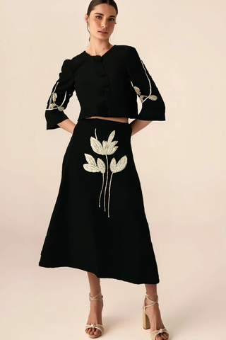 Pauline black floral-appliqué jacket & skirt matching set