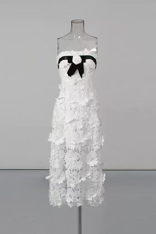 Strapless Flower Embroidery Maxi Dress In White