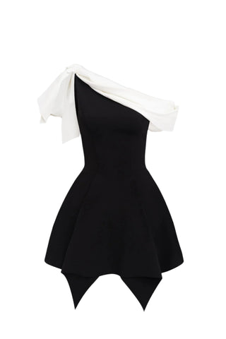 BOW ONE-SHOULDER MINI DRESS IN BLACK