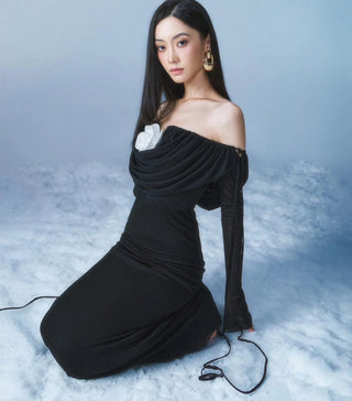 lila flower embellished pleated strapless maxi dress in black